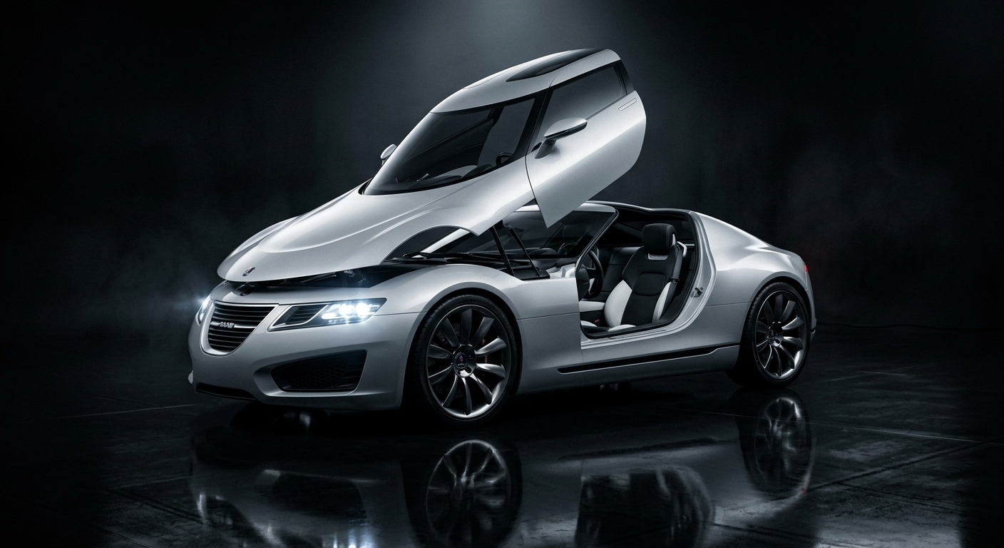 2005 Saab Aero X concept car in dramatic studio lighting showing its aircraft-inspired design and jet canopy