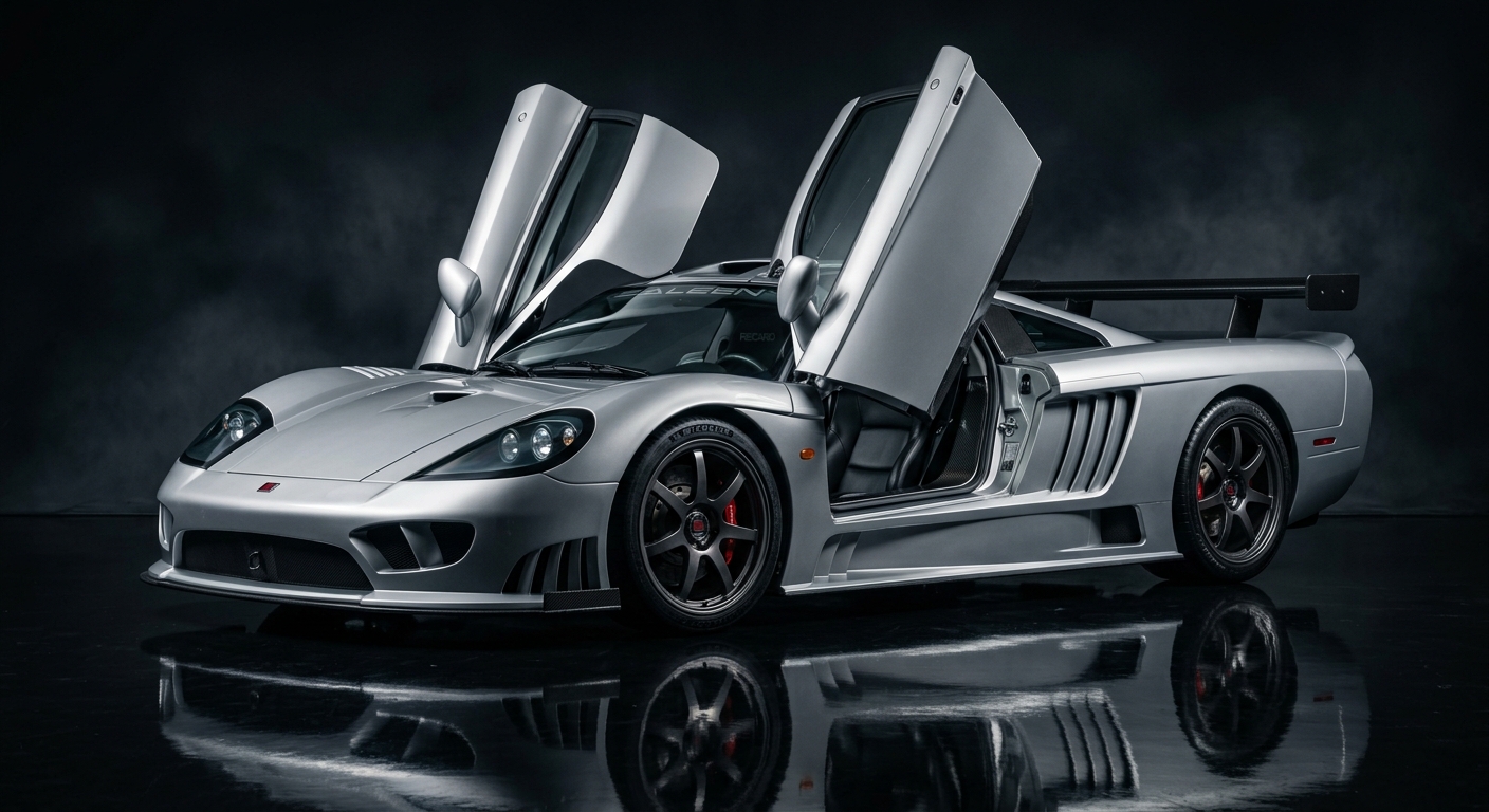 2005 Saleen S7 Twin Turbo silver supercar in dramatic low-key studio lighting with dark background and reflective floor