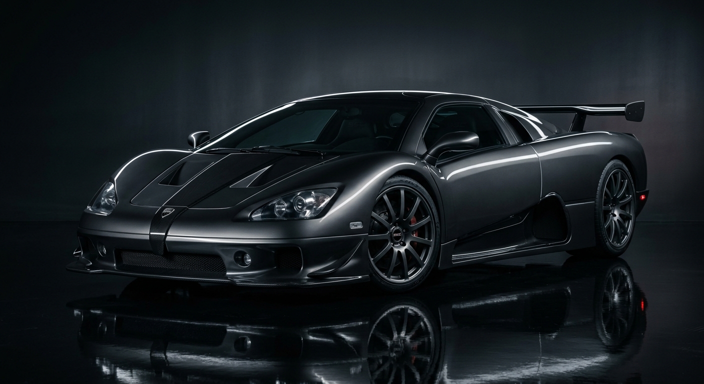 2005 SSC Ultimate Aero hypercar in dramatic low-key studio lighting with dark background and reflective floor
