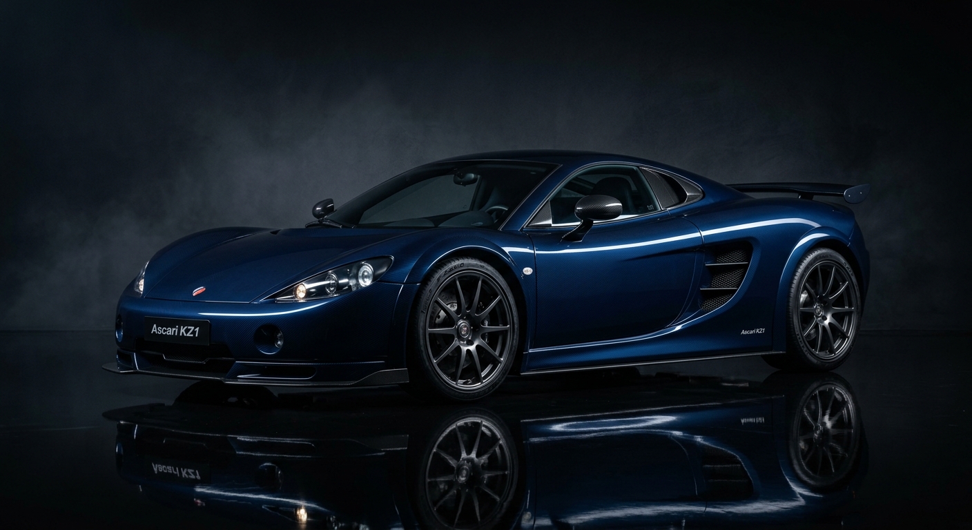 2006 Ascari KZ1 supercar in dramatic studio lighting with dark background and reflective floor