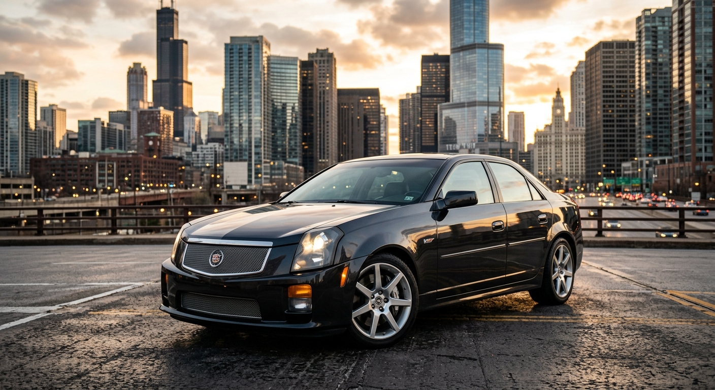 2006 Cadillac CTS-V performance sedan in dramatic outdoor setting with urban landscape background