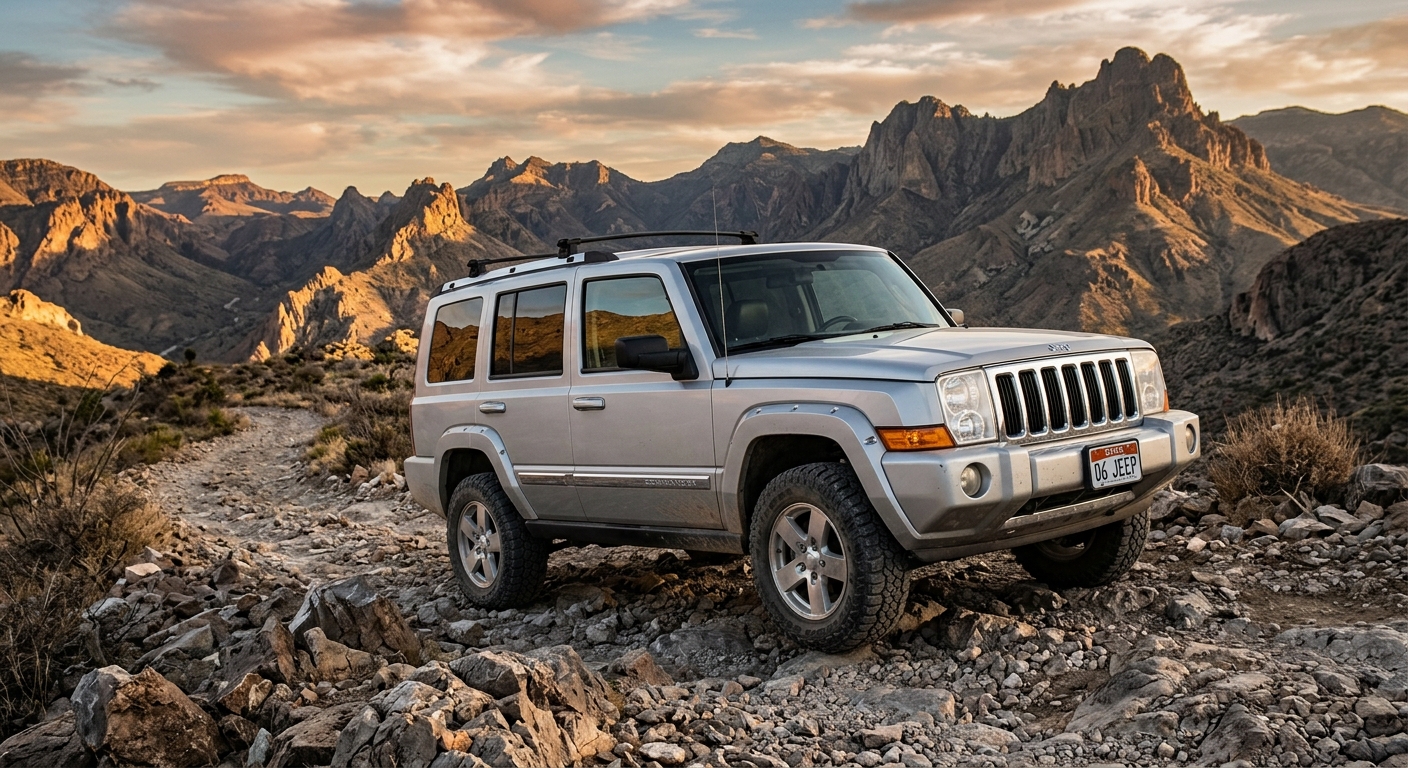 2006 Jeep Commander SUV in silver parked on rocky terrain with mountains in background