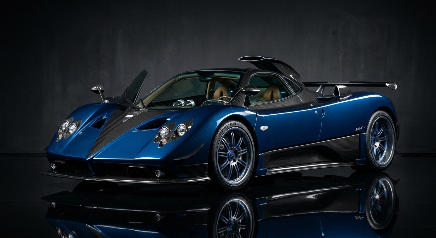 2006 Pagani Zonda F supercar in dramatic low-key studio lighting with dark background and reflective floor