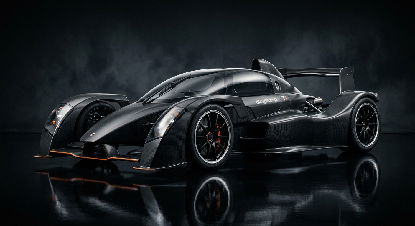 2007 Caparo T1 British supercar in dramatic low-key studio lighting with dark background and reflective floor