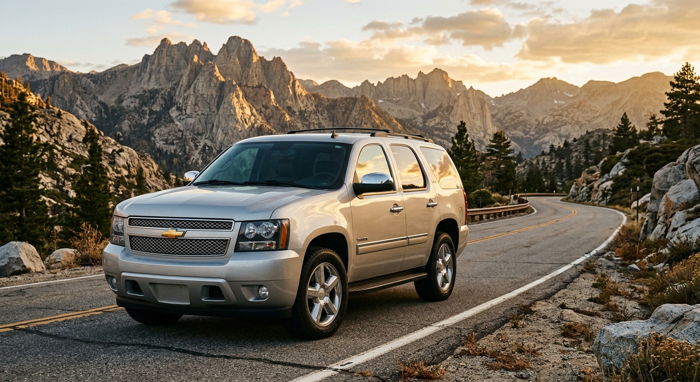 2007 Chevrolet Tahoe LTZ full-size SUV in silver, photographed outdoors against dramatic mountain landscape