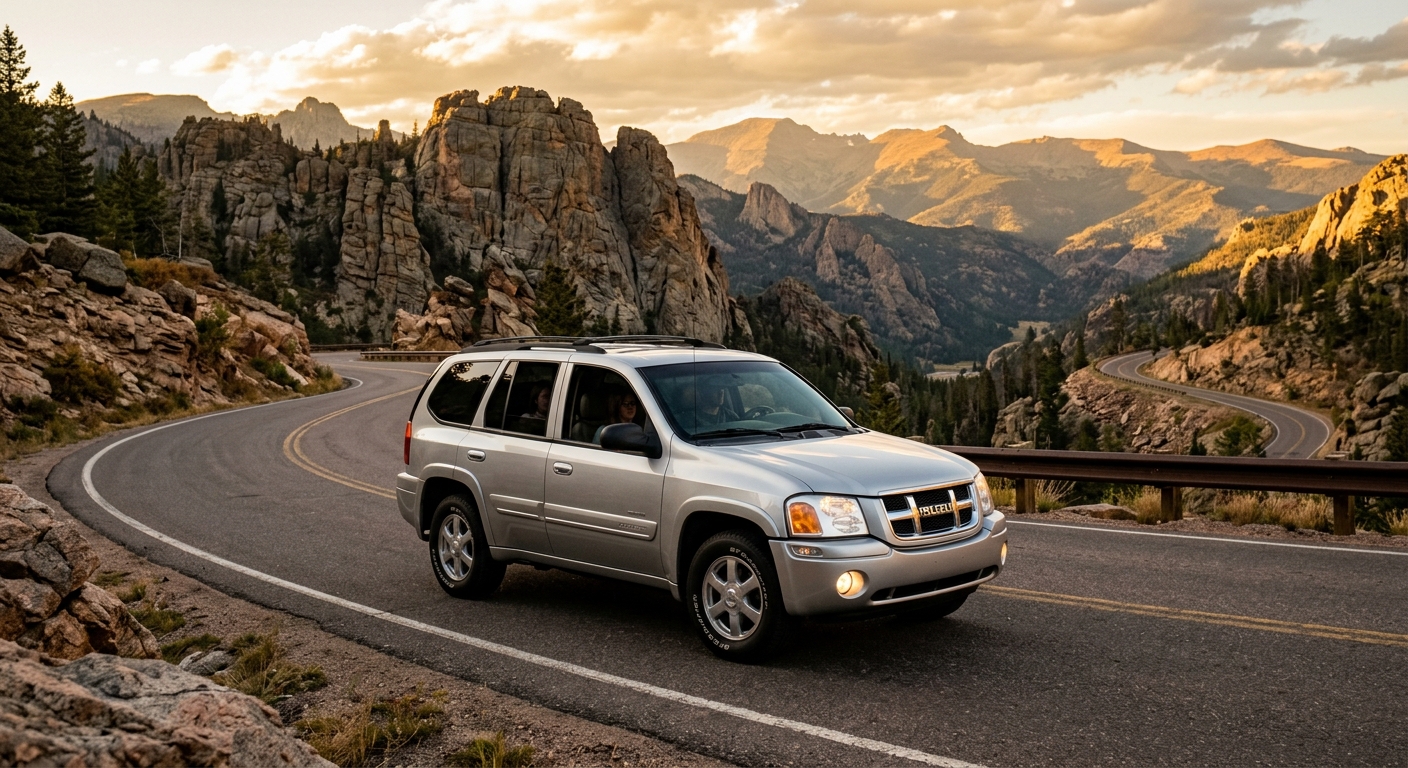 2007 Isuzu Ascender 7-passenger SUV parked on mountain road with dramatic landscape backdrop