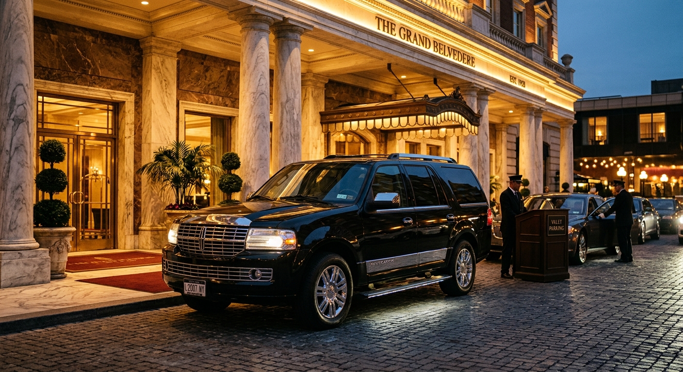 2007 Lincoln Navigator L luxury SUV parked in front of upscale hotel entrance