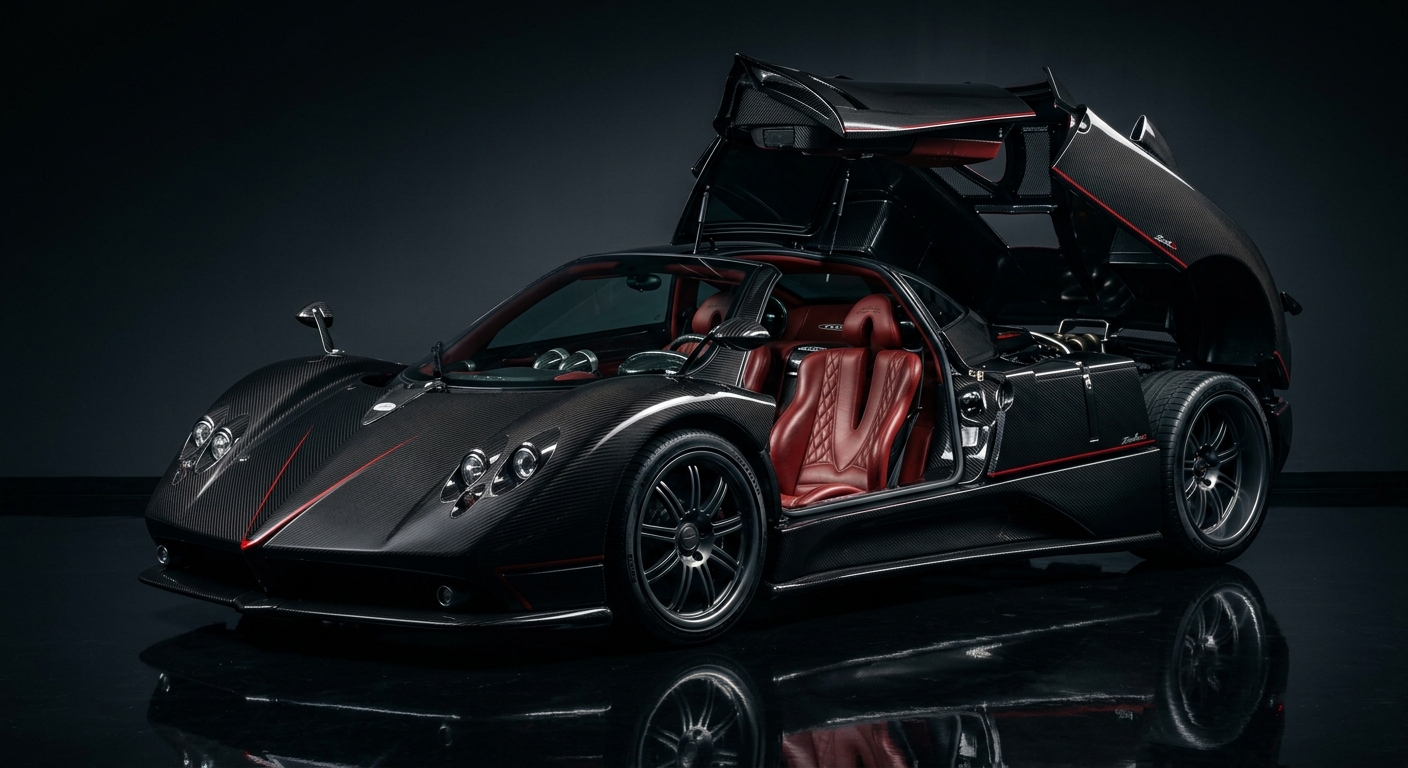 2007 Pagani Zonda S supercar in dramatic studio lighting showing its distinctive carbon fiber bodywork and gullwing doors