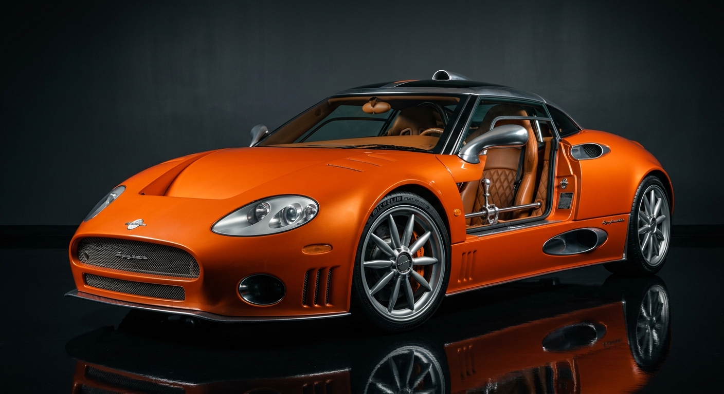 2007 Spyker C8 Laviolette orange supercar in dramatic studio lighting with dark background and reflective floor