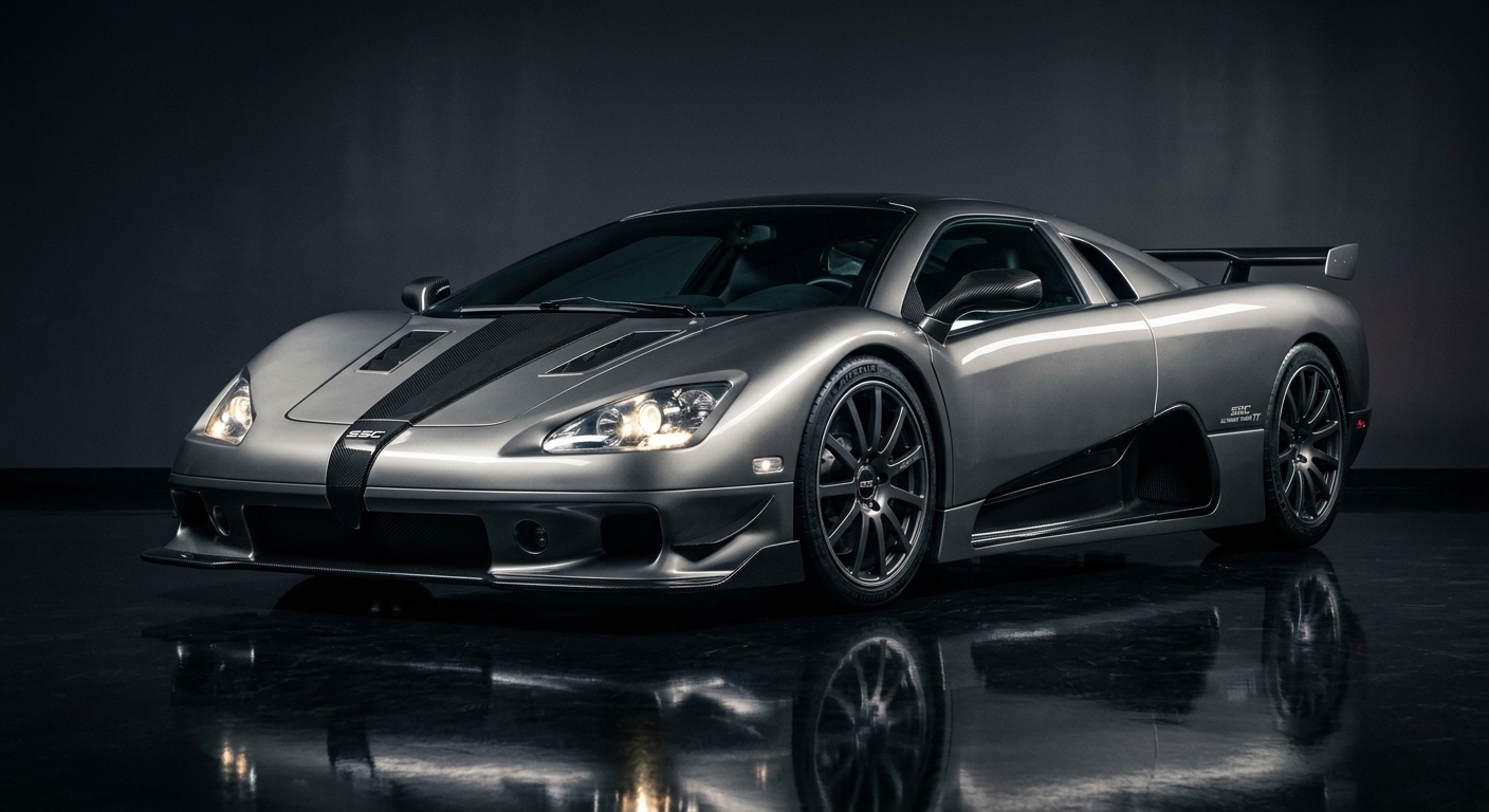 2007 SSC Ultimate Aero TT hypercar in dramatic studio lighting with dark background and reflective floor