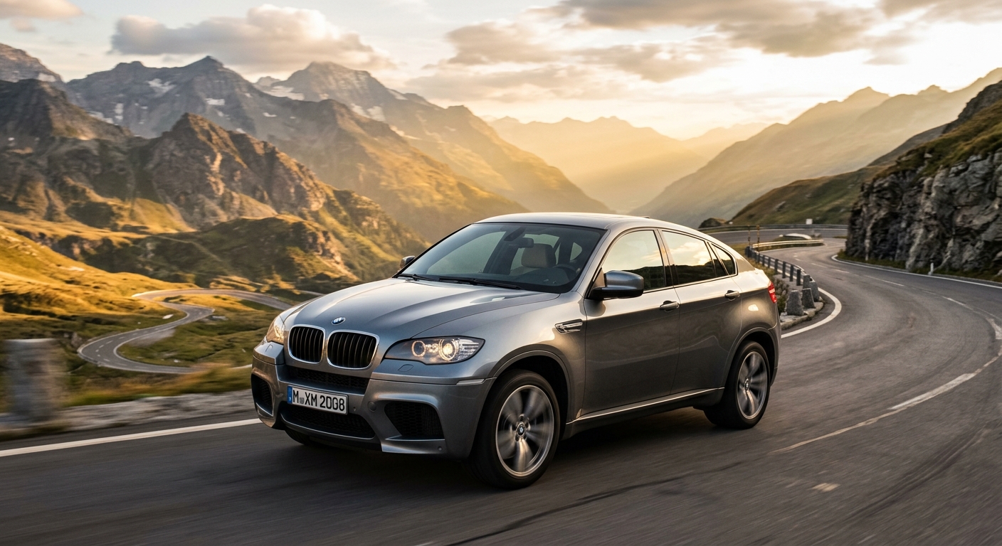2008 BMW X6 M performance SUV photographed against dramatic mountain landscape backdrop