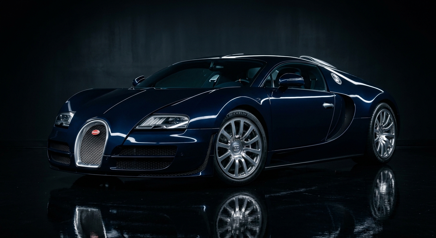 2008 Bugatti Veyron 16.4 hypercar in dramatic studio lighting showcasing its distinctive design
