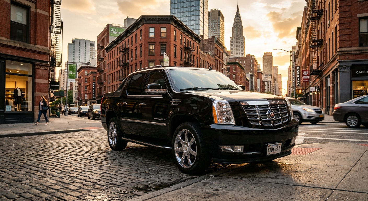 2008 Cadillac Escalade EXT luxury pickup truck in black, photographed in urban environment with dramatic lighting