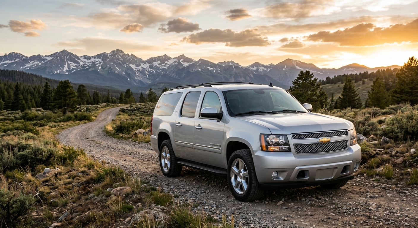 2008 Chevrolet Suburban LTZ full-size luxury SUV in silver, photographed outdoors against dramatic mountain landscape