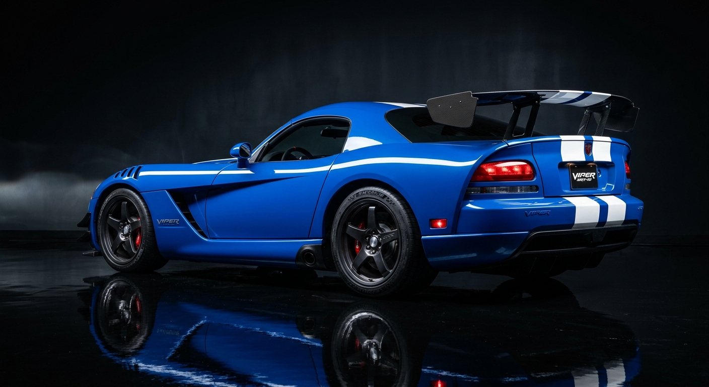 2008 Dodge Viper SRT10 ACR in dramatic studio lighting with large rear wing visible