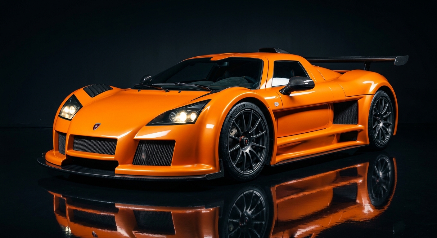 2008 Gumpert Apollo Speed supercar in dramatic studio lighting with dark background and reflective floor