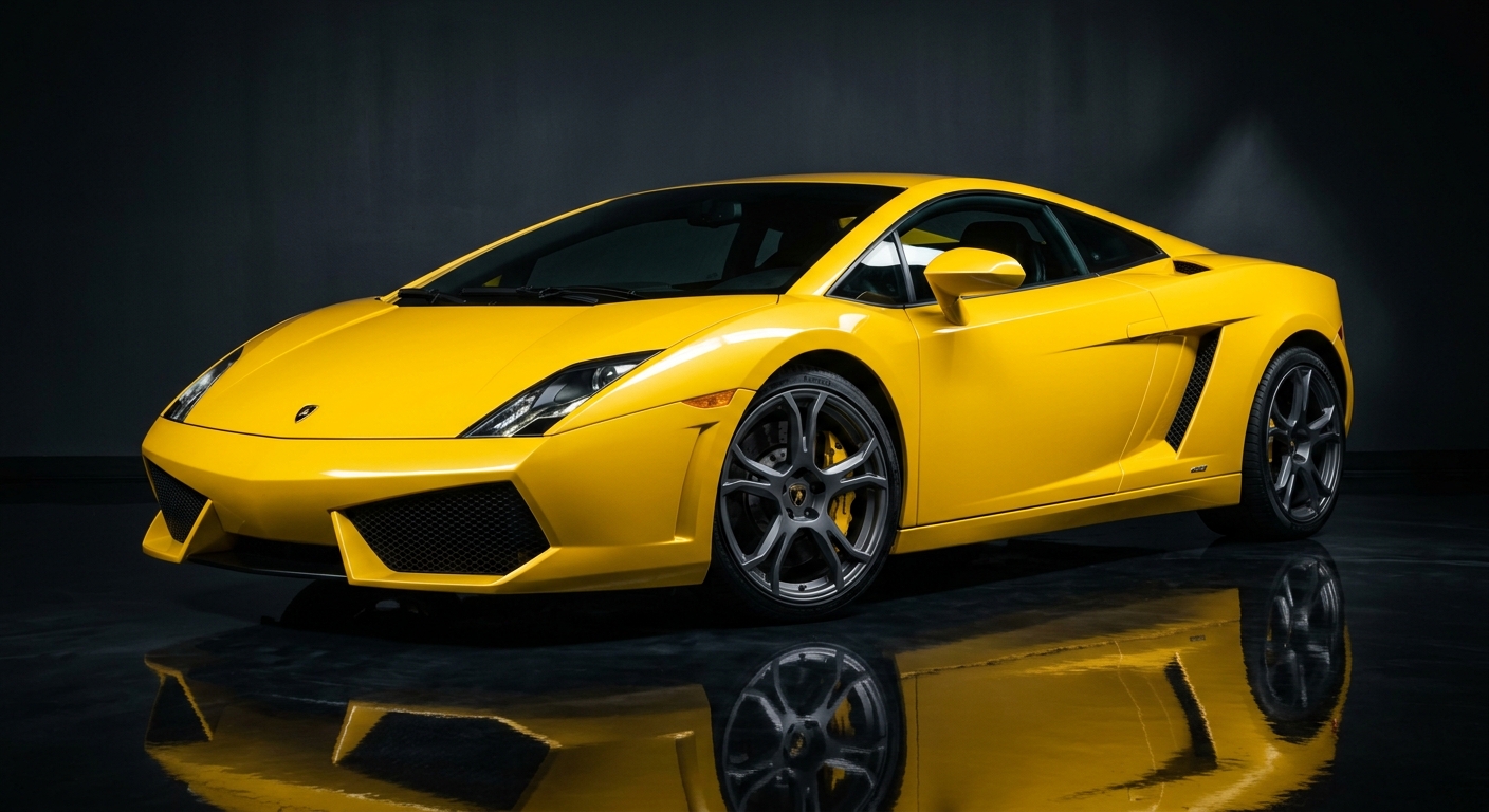 2008 Lamborghini Gallardo LP560-4 in dramatic studio lighting with dark background and reflective floor