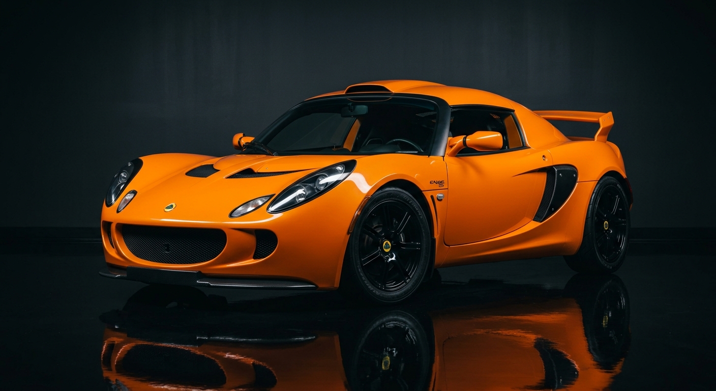 2008 Lotus Exige S supercar in dramatic studio lighting with dark background and reflective floor