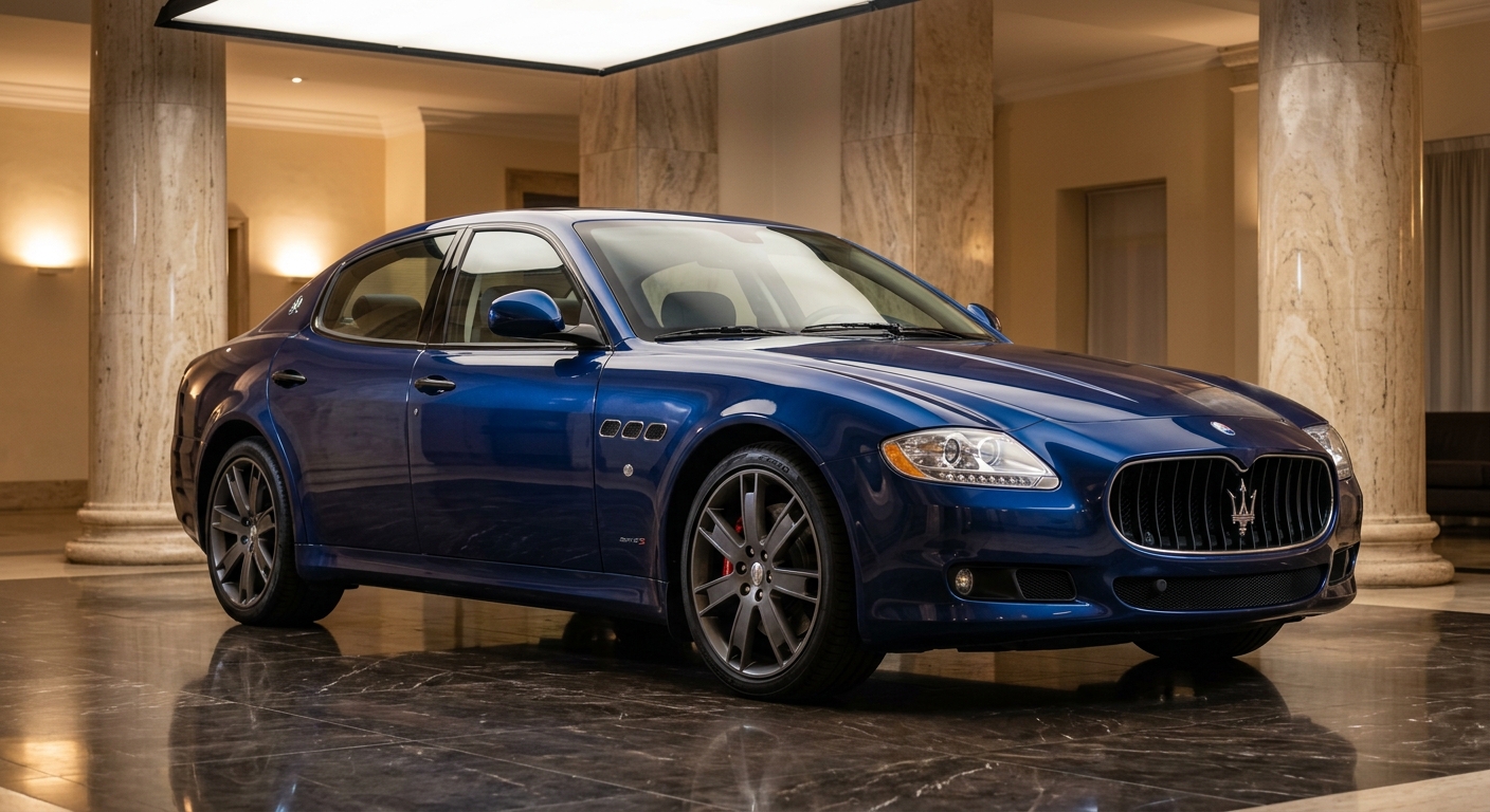 2008 Maserati Quattroporte Sport GT S luxury sedan in elegant studio setting with warm lighting