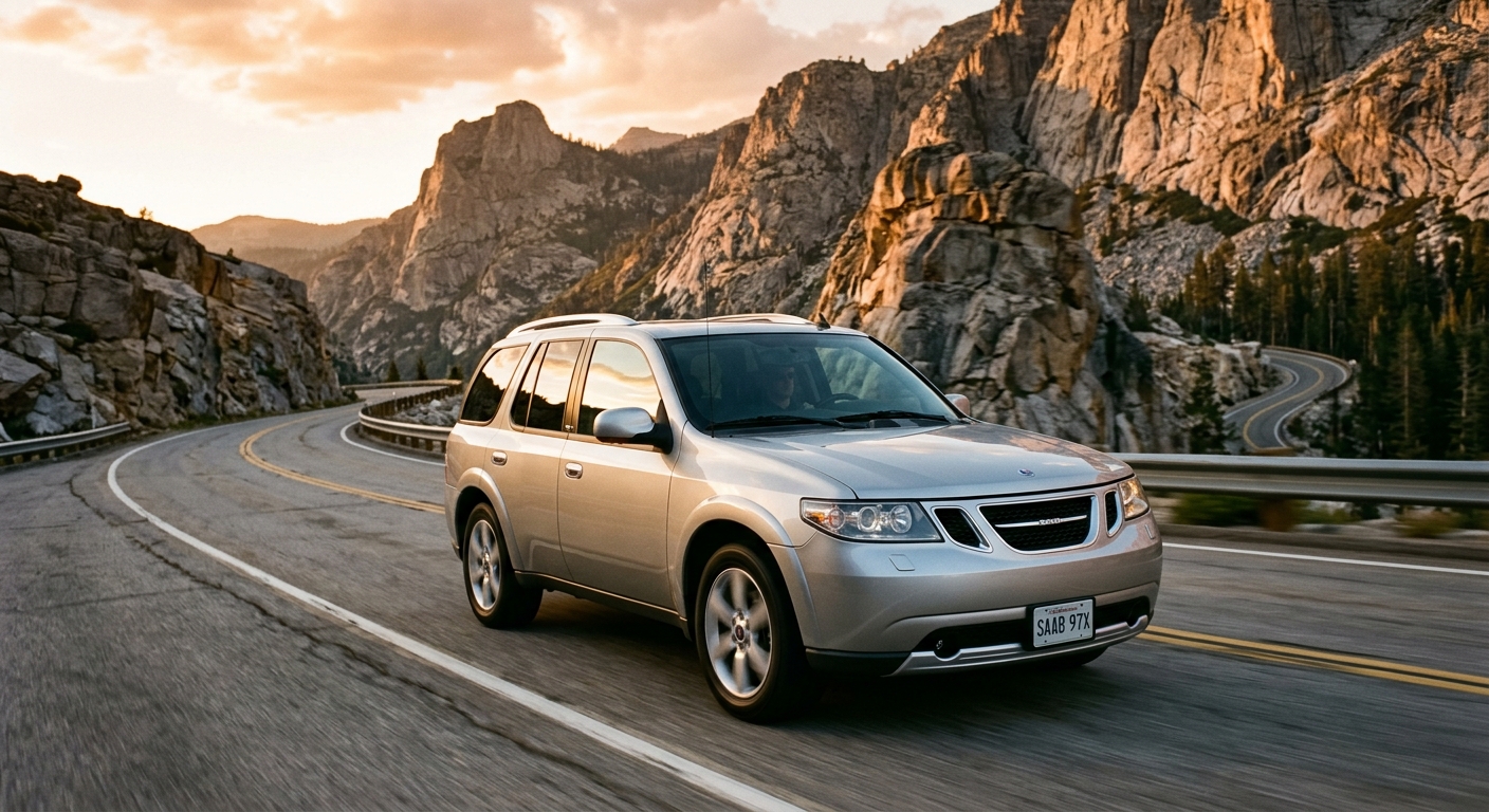 2008 Saab 9-7X Aero performance SUV in silver photographed in dramatic outdoor mountain setting