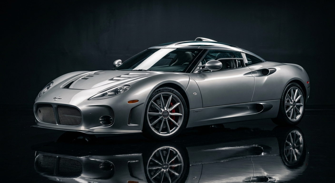 2008 Spyker C12 Zagato exotic supercar in dramatic studio lighting with reflective floor