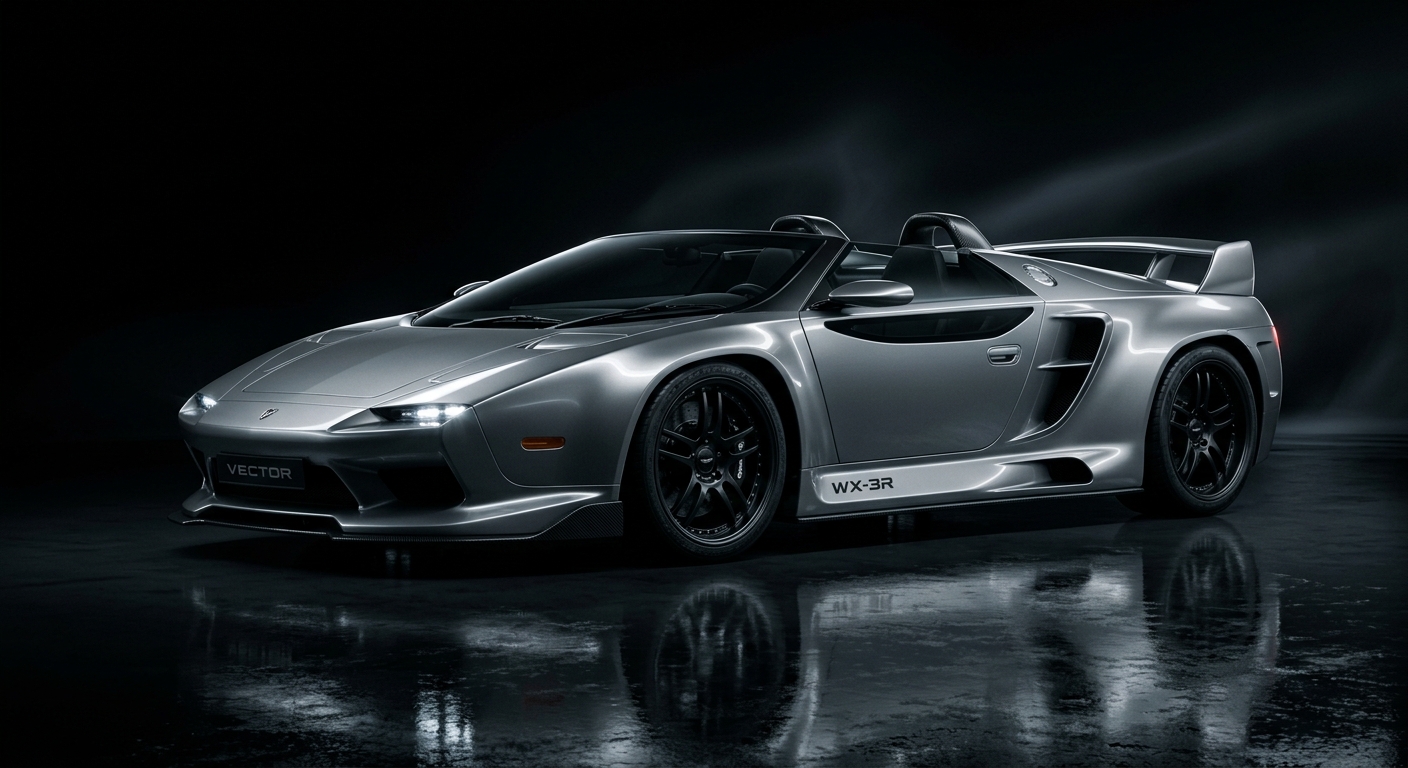 2008 Vector WX-3R Roadster supercar in dramatic studio lighting with dark background
