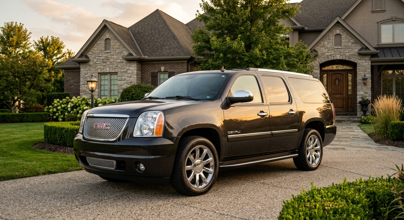 2009 GMC Yukon XL Denali luxury SUV parked in front of suburban mansion