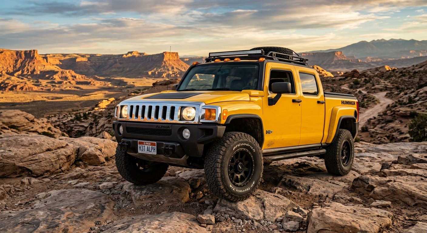 2009 Hummer H3T Alpha pickup truck in rugged outdoor setting with dramatic landscape