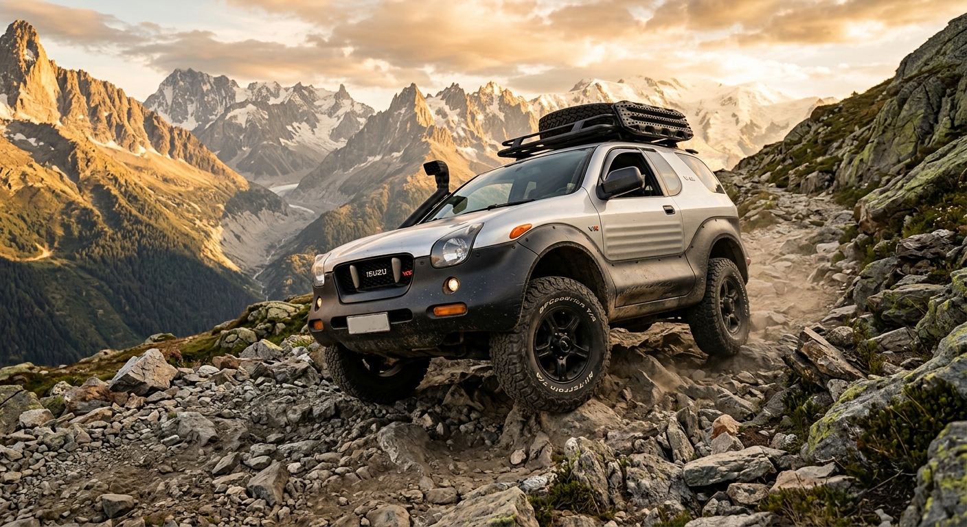 2009 Isuzu VX SUV in silver parked on rocky terrain against mountain backdrop