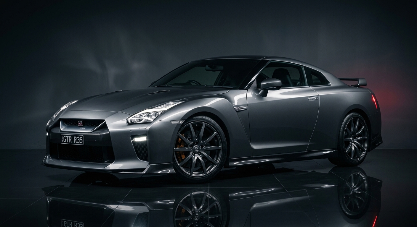 2009 Nissan GT-R sports car in dramatic studio lighting with dark background