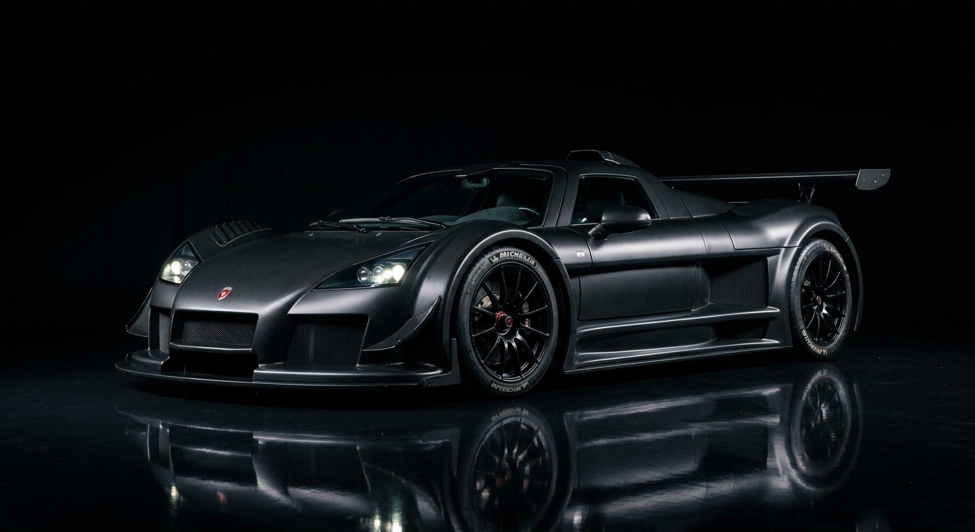 2010 Gumpert Apollo S hypercar in dramatic studio lighting with reflective floor
