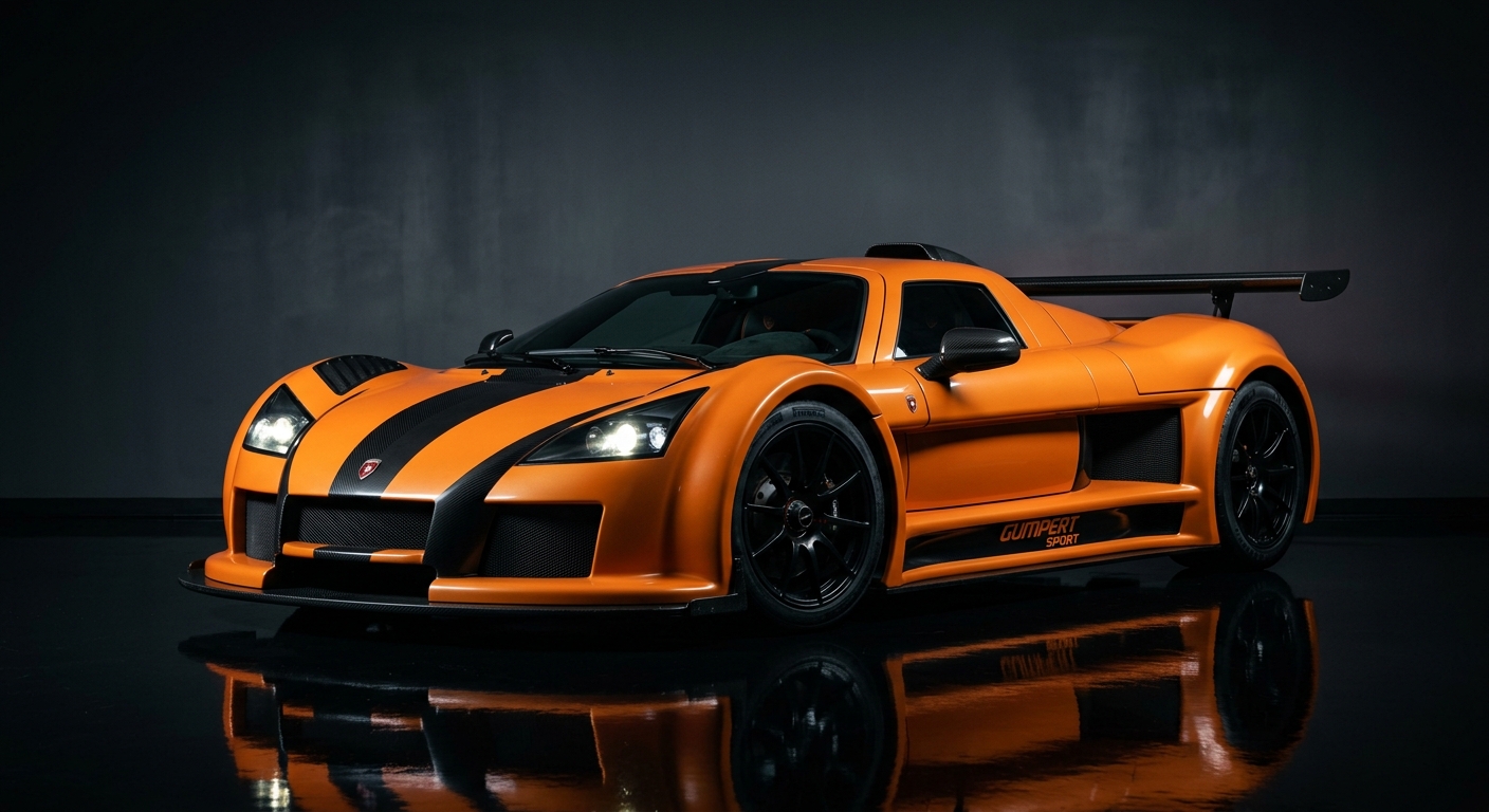 2010 Gumpert Apollo Sport supercar in dramatic studio lighting with dark background and reflective floor