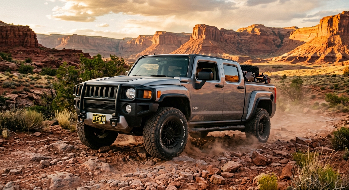 2010 Hummer H3T pickup truck in rugged outdoor setting showing its military-inspired design and off-road capability