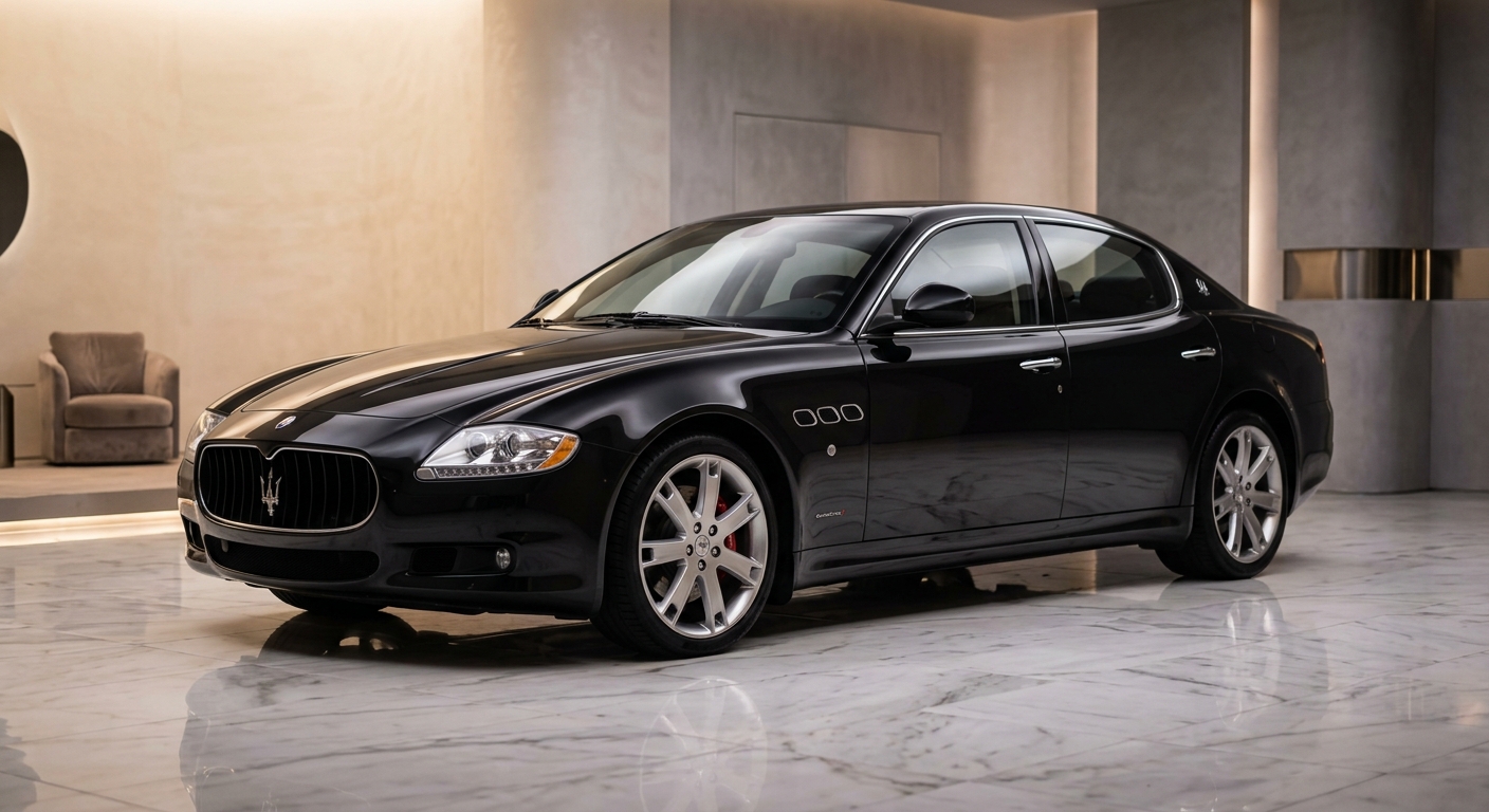 2010 Maserati Quattroporte S luxury sedan in elegant studio setting with warm lighting