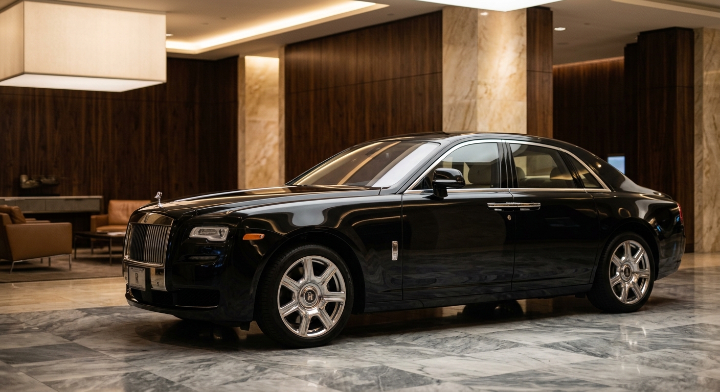 2010 Rolls-Royce Ghost luxury sedan in elegant studio setting with warm lighting