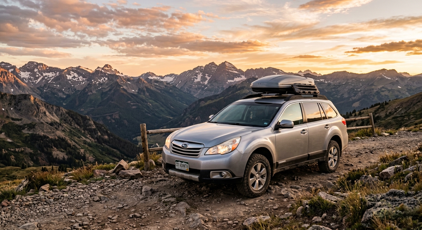 2010 Subaru Outback 3.6R silver crossover wagon photographed on mountain trail with dramatic landscape background