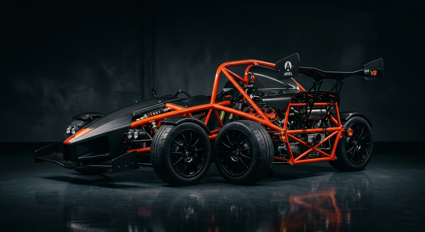 2011 Ariel Atom V8 in dramatic studio lighting showing its exposed tubular frame and V8 engine