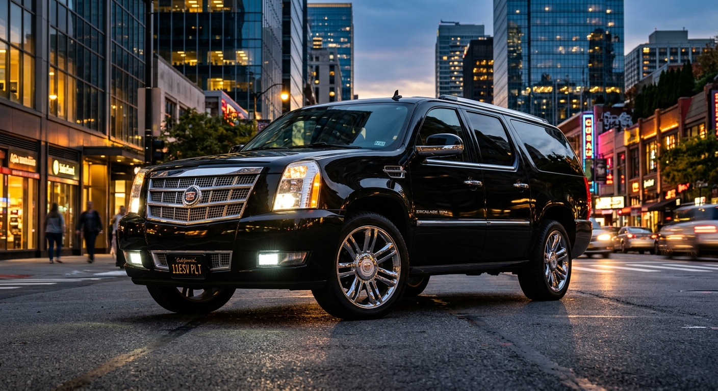 2011 Cadillac Escalade ESV Platinum luxury SUV in dramatic urban setting with city lights