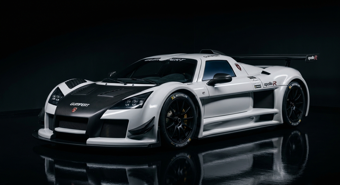 2011 Gumpert Apollo R hypercar in dramatic studio lighting with aggressive aerodynamic bodywork