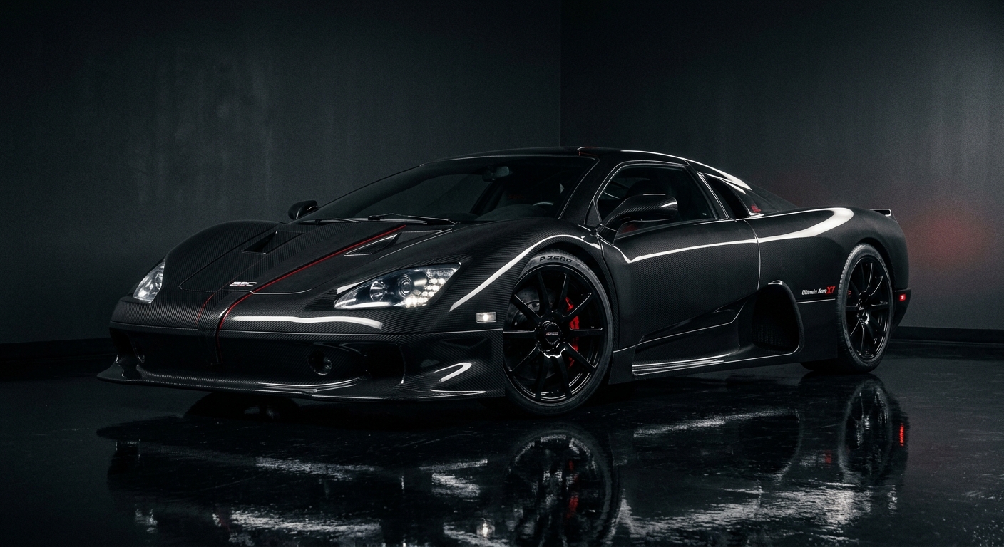 2011 SSC Ultimate Aero XT hypercar in dramatic studio lighting with dark background