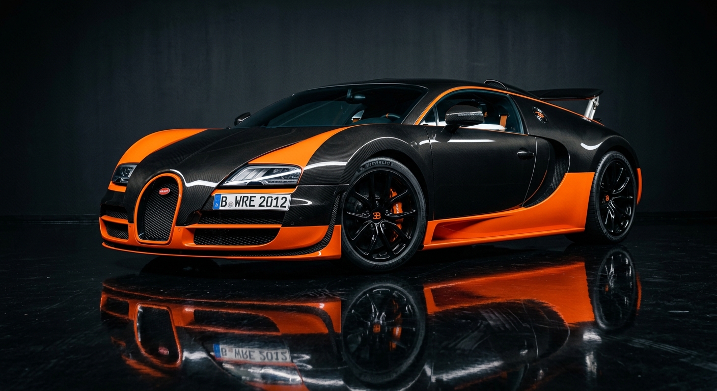 2012 Bugatti Veyron Super Sport in dramatic studio lighting with dark background and reflective floor
