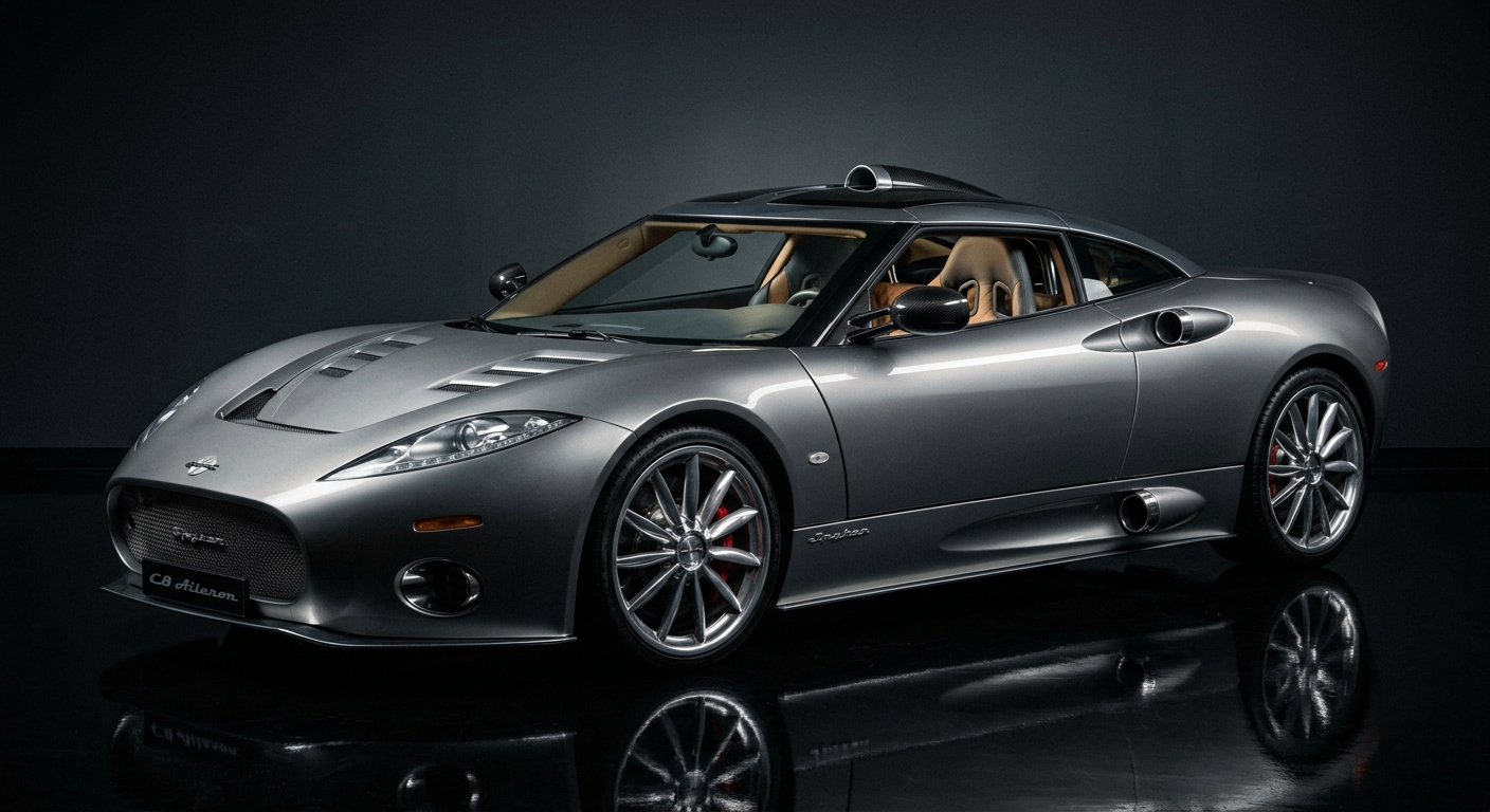 2012 Spyker C8 Aileron luxury supercar in dramatic studio lighting showing its distinctive aviation-inspired design