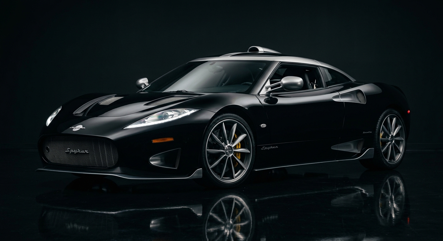 2012 Spyker C8 Preliator luxury sports car in dramatic studio lighting with aviation-inspired details visible