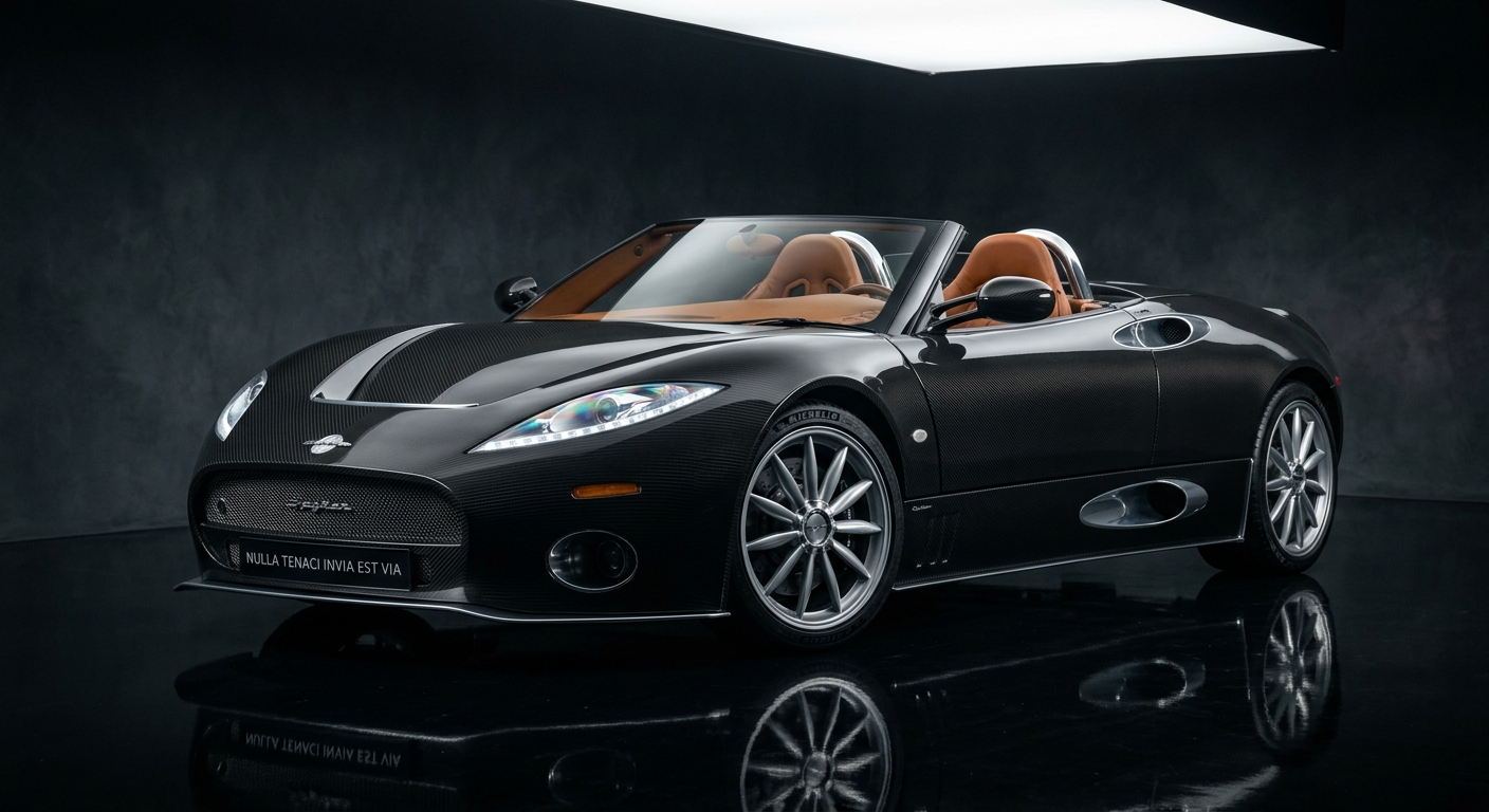 2012 Spyker C8 Spyder exotic supercar in dramatic studio lighting with exposed carbon fiber bodywork and aviation-inspired design elements