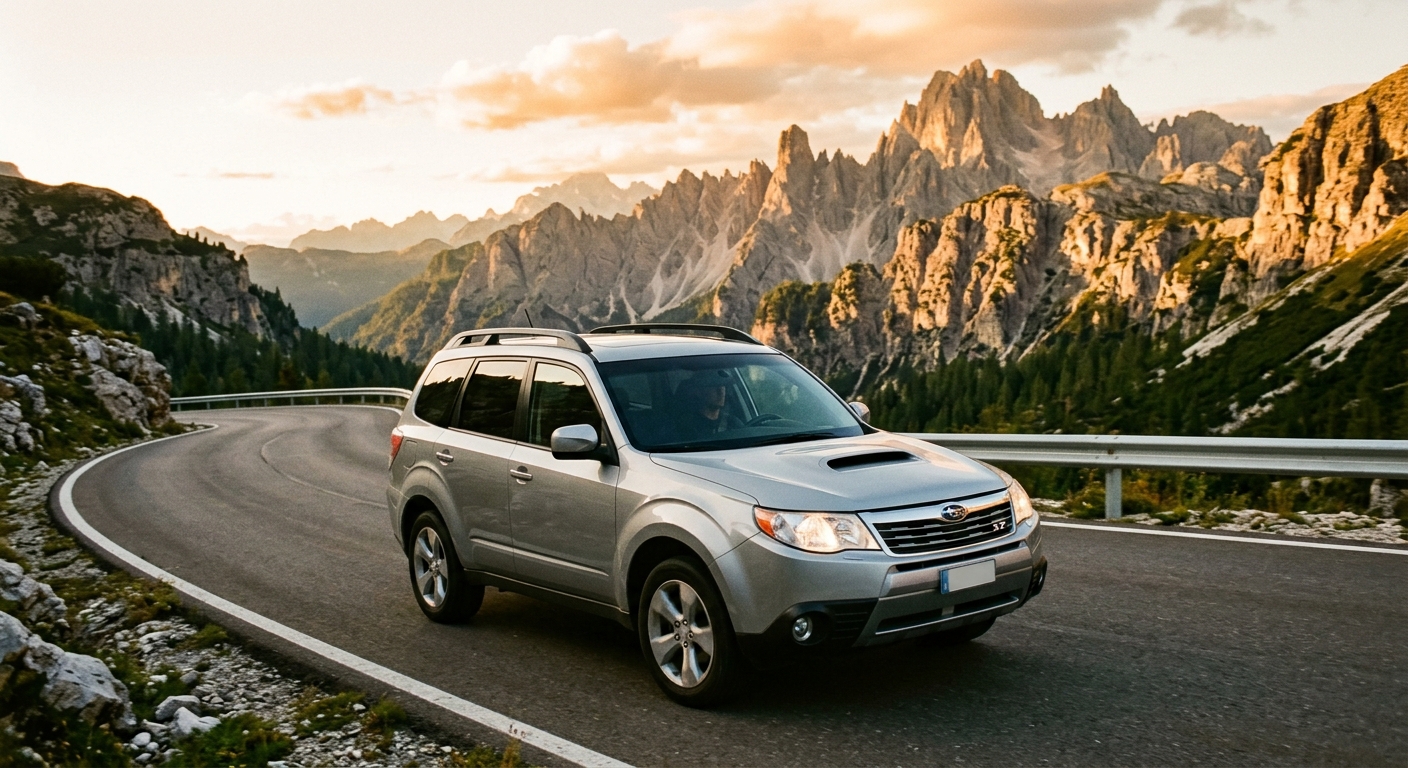 2012 Subaru Forester XT turbocharged crossover SUV in silver parked in mountain landscape