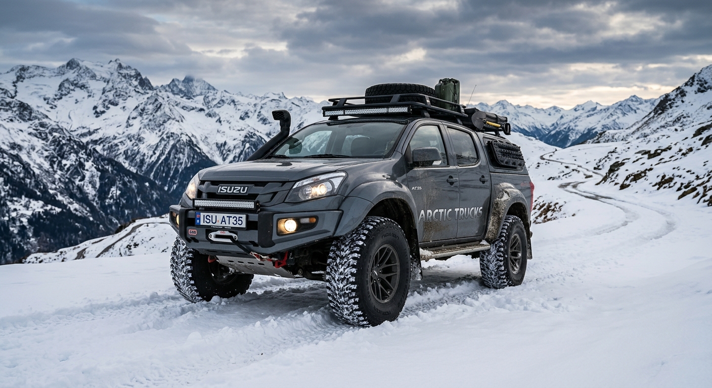 2013 Isuzu D-Max AT35 pickup truck with massive tires in snowy mountain landscape