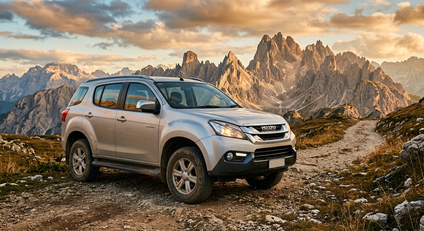 2013 Isuzu MU-X midsize SUV photographed outdoors against dramatic mountain landscape