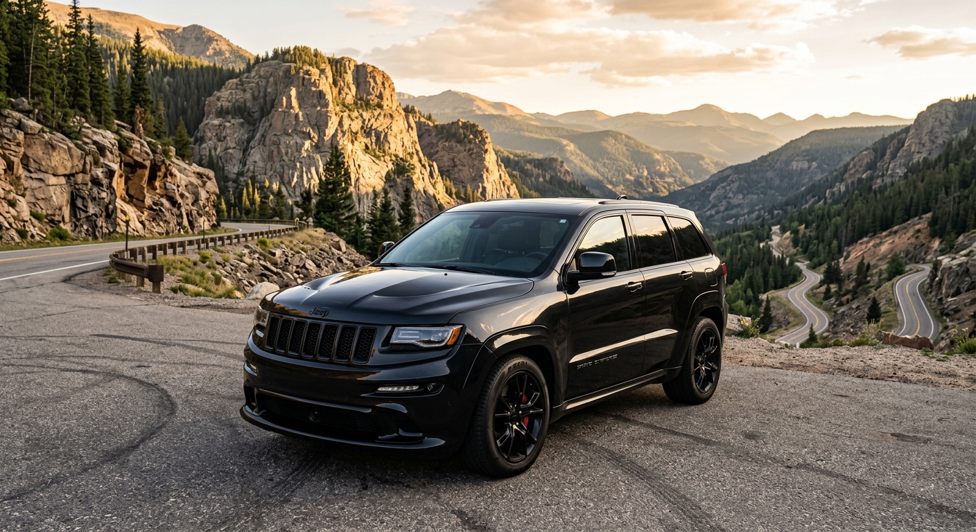 2013 Jeep Grand Cherokee SRT8 parked on mountain road with dramatic landscape background