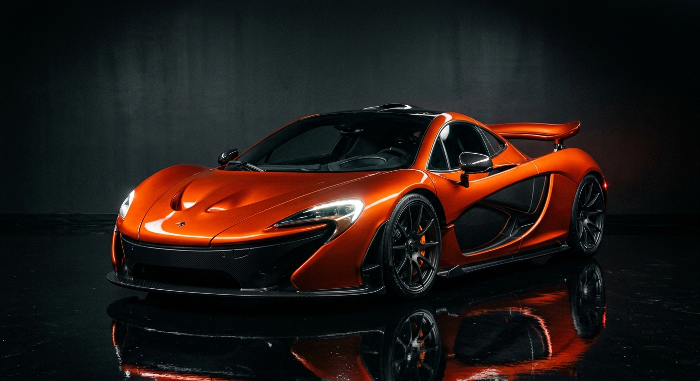 2013 McLaren P1 hypercar in dramatic studio lighting with dark background and reflective floor