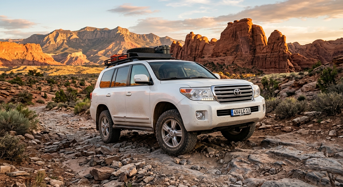 2013 Toyota Land Cruiser SUV photographed in rugged desert landscape with dramatic mountains in background